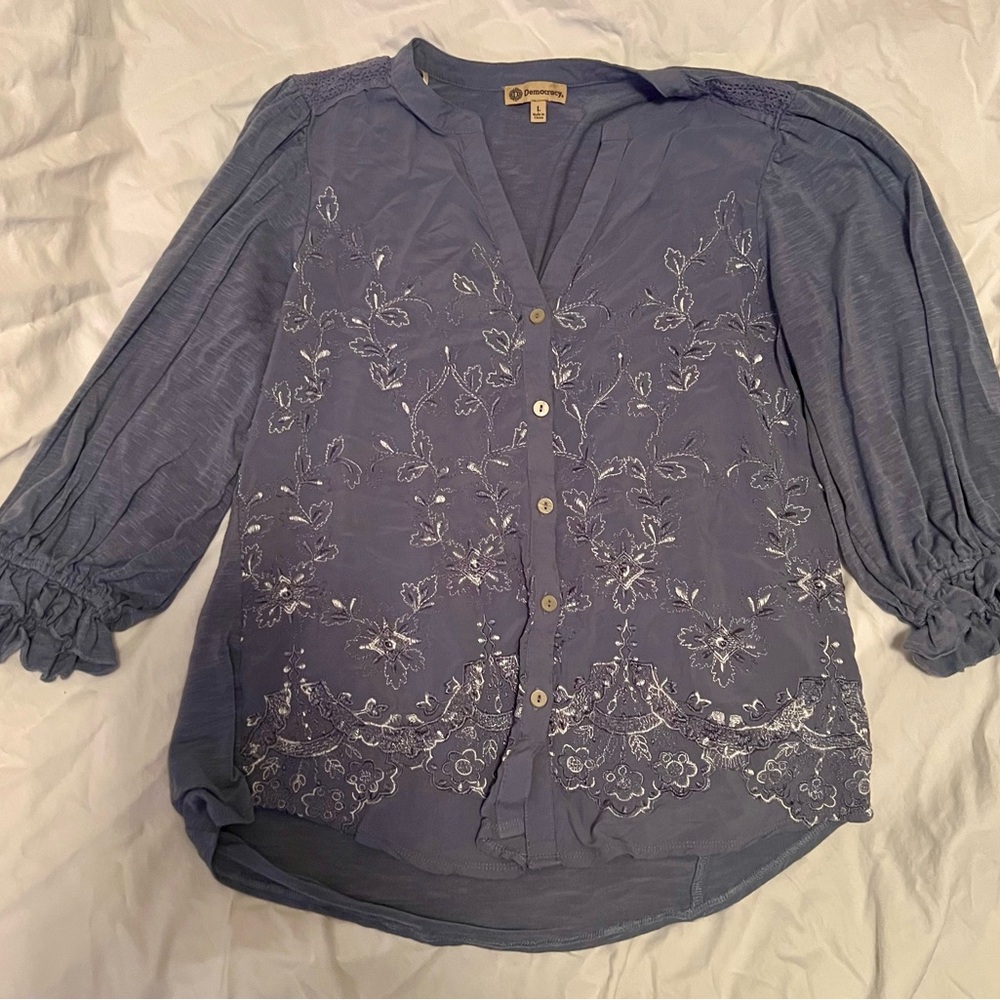 Democracy Embroidered Blue Blouse